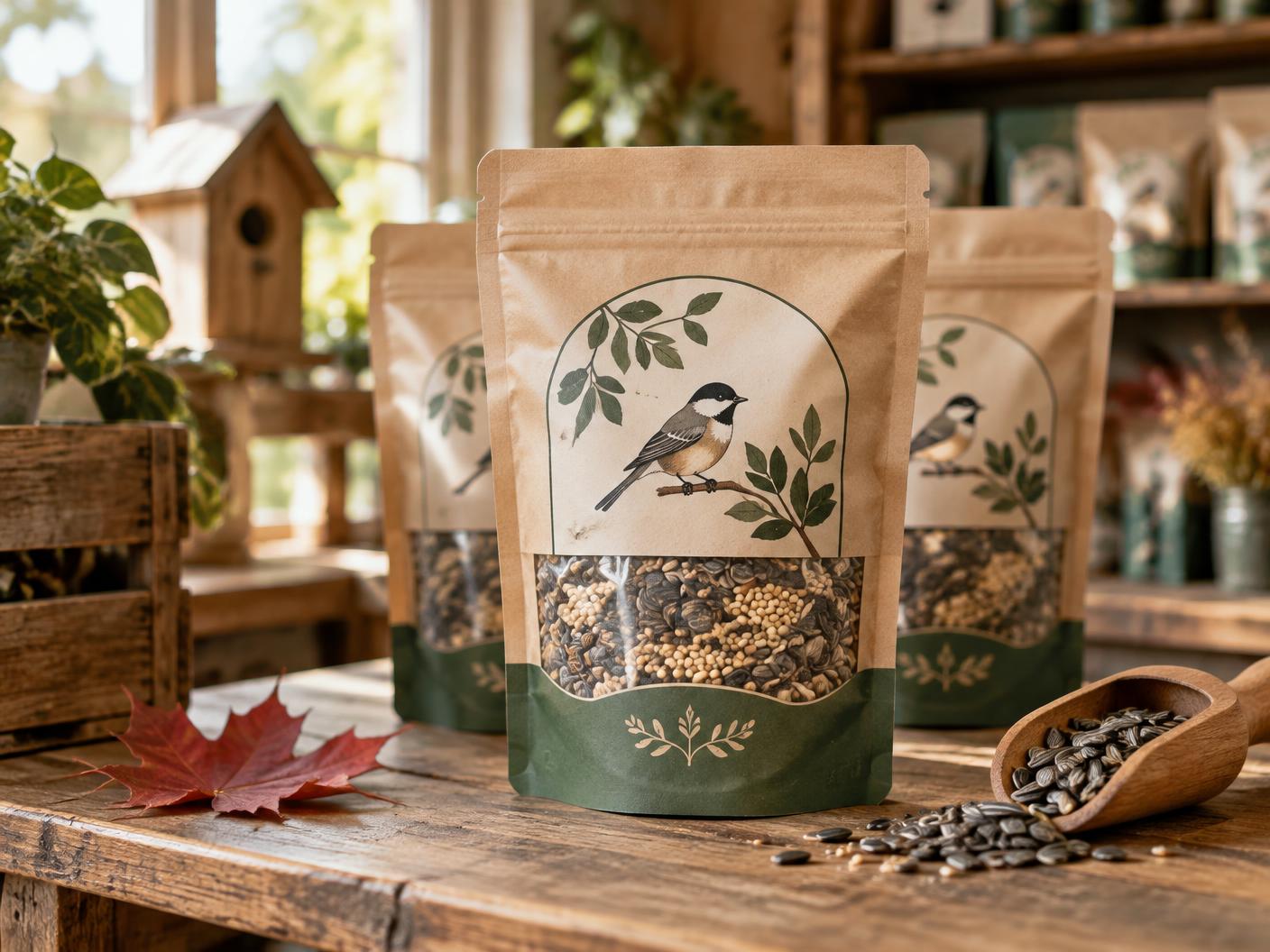 Kraft bird seed pouches with a custom label on a shop counter